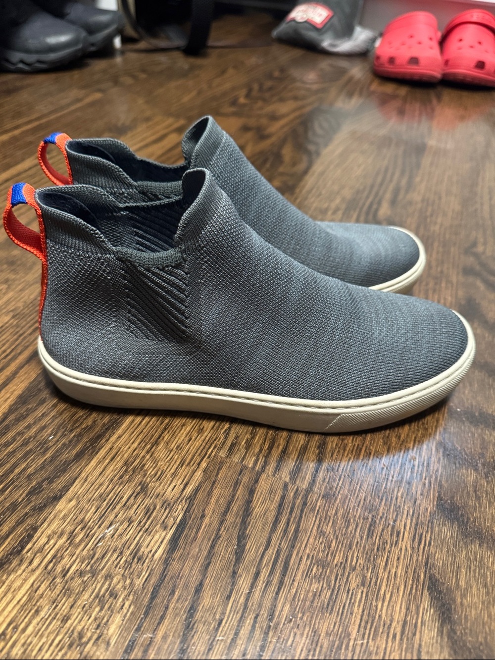 Rothy's Grayish green Knit Slip-On Ankle Boots with Orange & Blue Pull Tabs